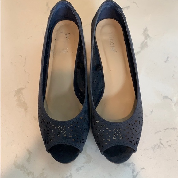Navy Peep Toe Wedge - Picture 2 of 6